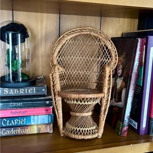 Vintage Mini Peacock Wicker Fan Back Rattan Chair Doll Chair
